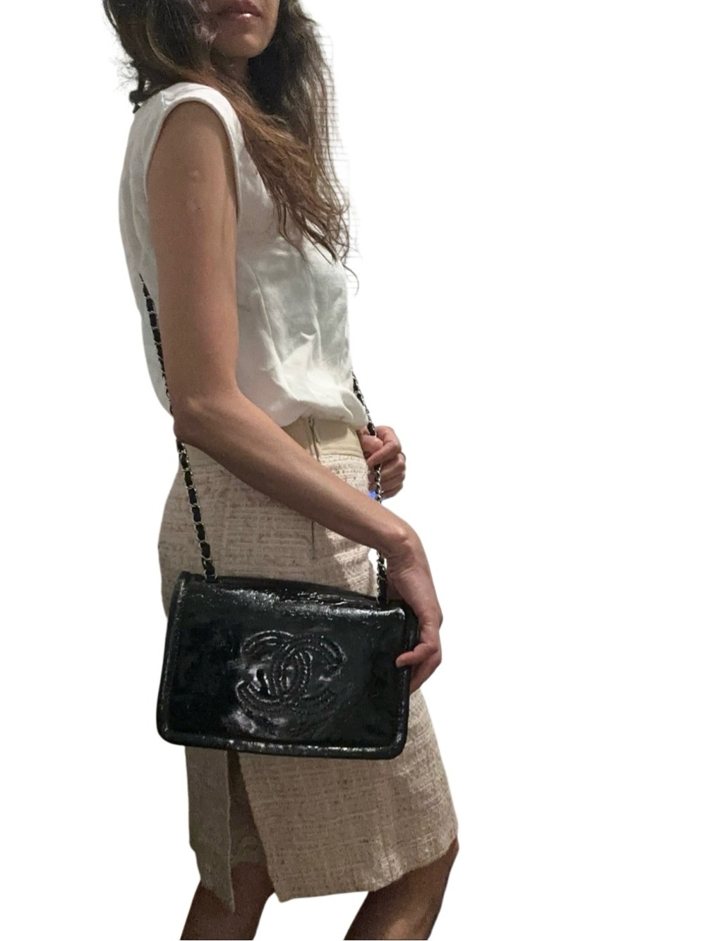 CHANEL Black Patent Leather Mini Shoulder Bag with Chain Strap